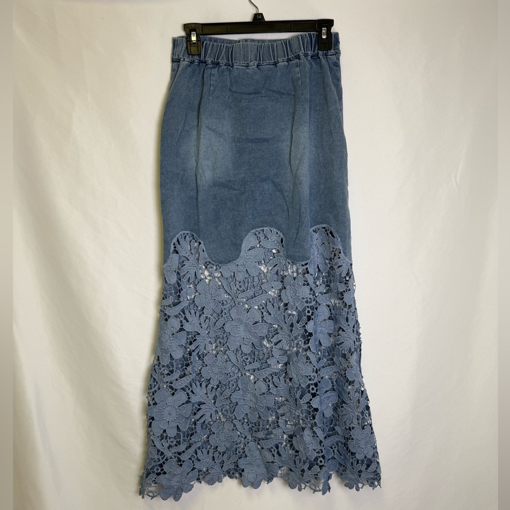 Pastels Clothing Blue Denim Maxi Skirt with Floral Lace Panel - Picture 2 of 4
